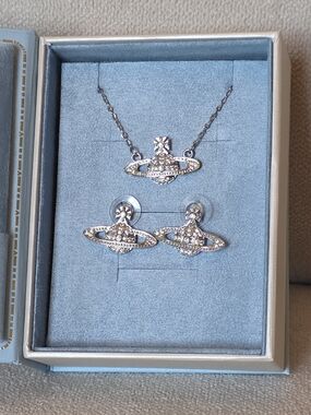 Silver Tone Crystal Saturn Orb Necklace & Stud Earrings Set